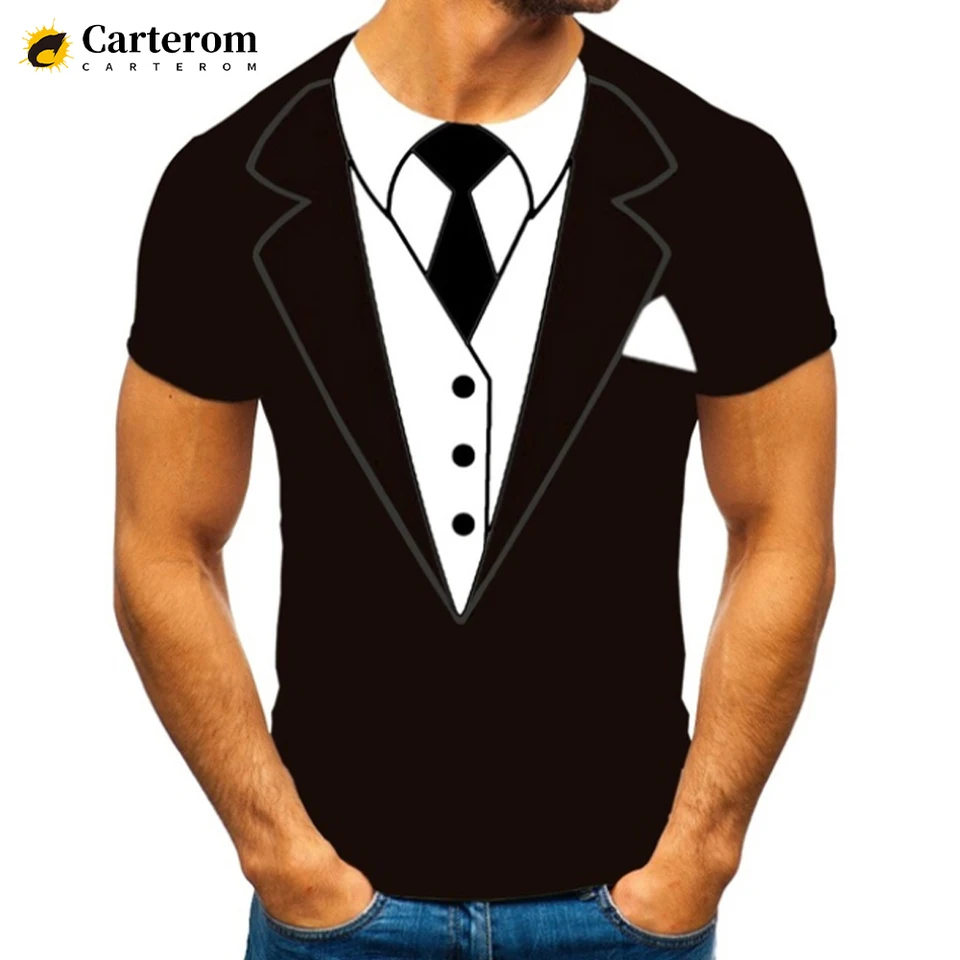 Tuxedo retro kravata oblek 3D tlačené tričko motýlika vzorka tričko Men módny módny krátky rukáv vtipný falošný oblek tričko