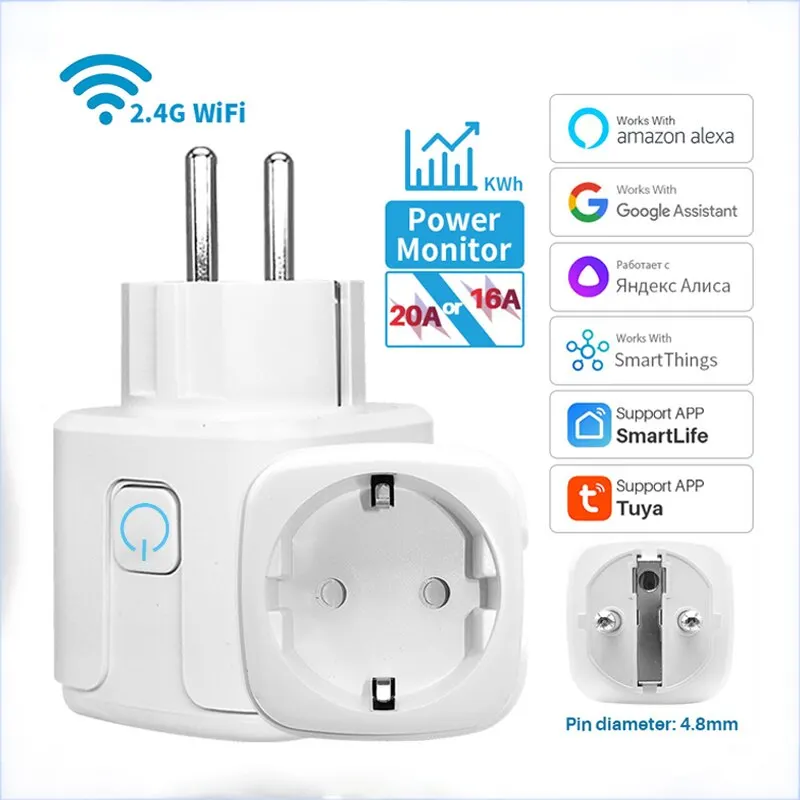 TUYA 20A EÚ SMART SOCKET WIFI BLE inteligentná zástrčka s funkciou Monitoring Funkcie hlasového ovládania hlasu Alexa Google Assistant