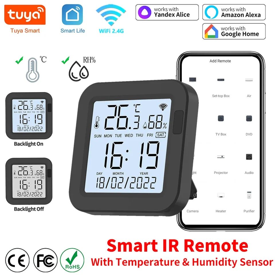 TUYA diaľkové ovládanie WiFi SMART LIFE Universal IR regulátor s obrazovkou čierneho svetla vlhkosti s teplotou funguje s Alexou