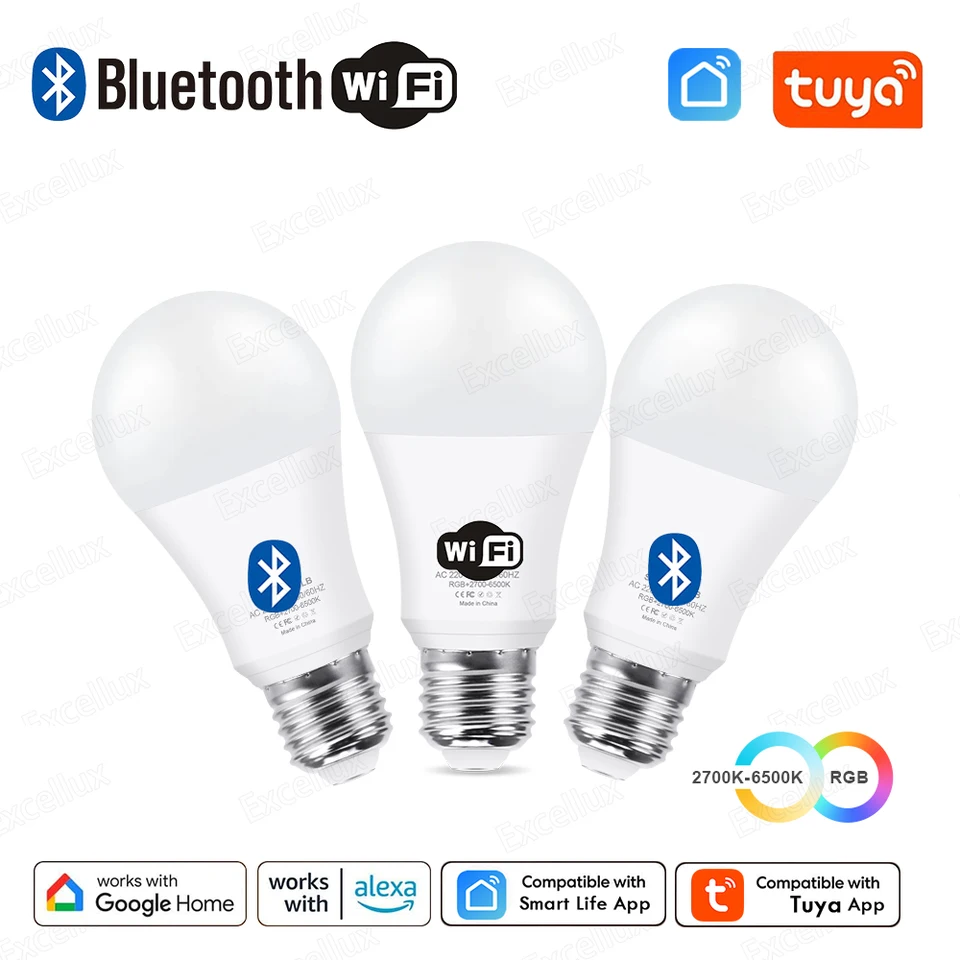 TUYA E27 LED LAMP APP Ovládanie Bluetooth /WiFi LED žiarovky 15W RGB CW WW inteligentná žiarovka pracuje s asistentom Amazon Alexa Google Assistant