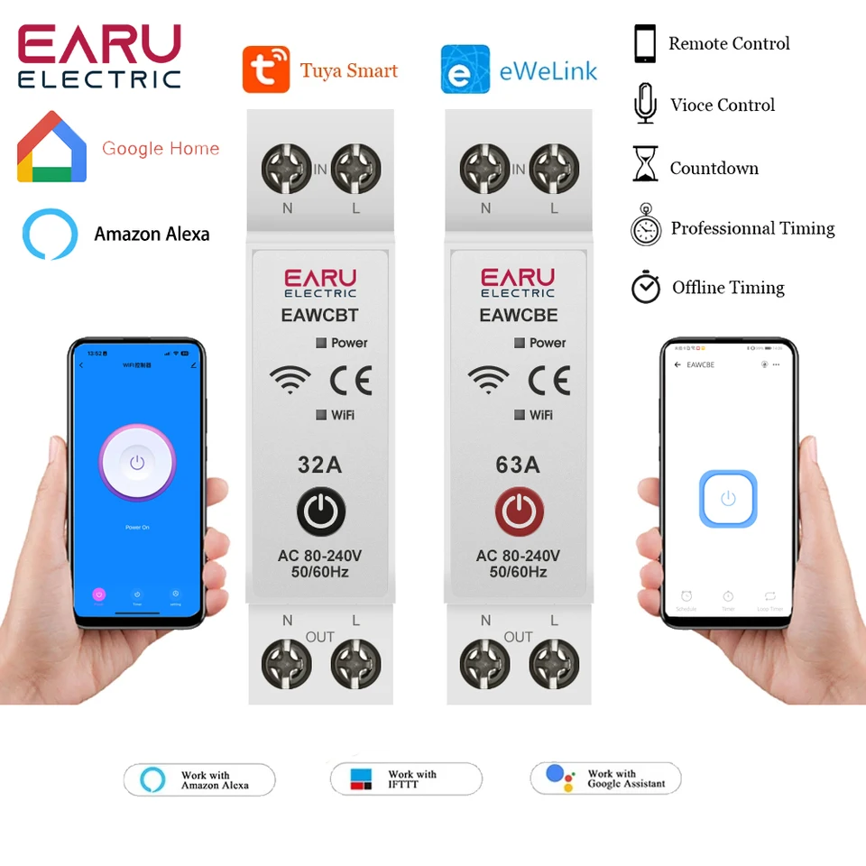 TUYA EWELINK APP WIFI SMART PESESE PESENER MCB TIME RELE 1P+N 63A hlasový diaľkový ovládací spínač pre Alexa Google Home Assistant