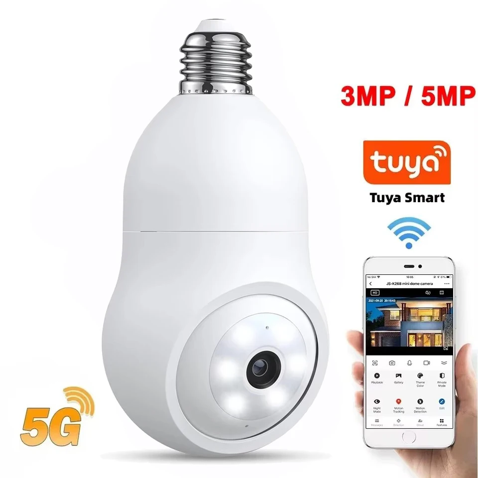 TUYA SMART LIFE 5MP 5G žiarovka E27 WIFI CAMERA INDOOR PTZ Sledovanie fotoaparátu Color Night Vision 3MP bezdrôtová bezpečnostná kamera