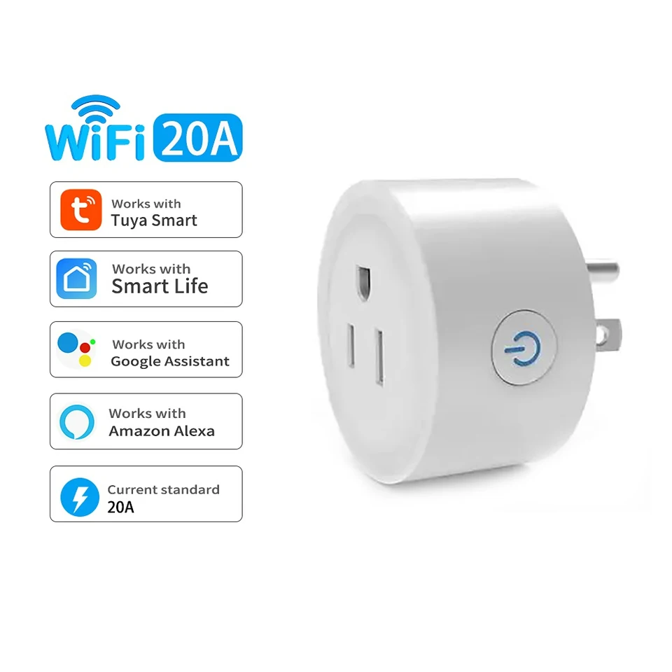 Tuya Smart Socket US 10A 20A WiFi Smart Plug No Monitorovanie napájania Smart Life App Spotrel Diaľkové ovládanie podporu Google Assistant Alexa