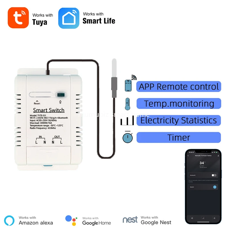 TUYA SMART teplotný spínač 16a 3000W s monitorovaním spotreby energie RF433 Intelligent Termostat kompatibilný s Alexou