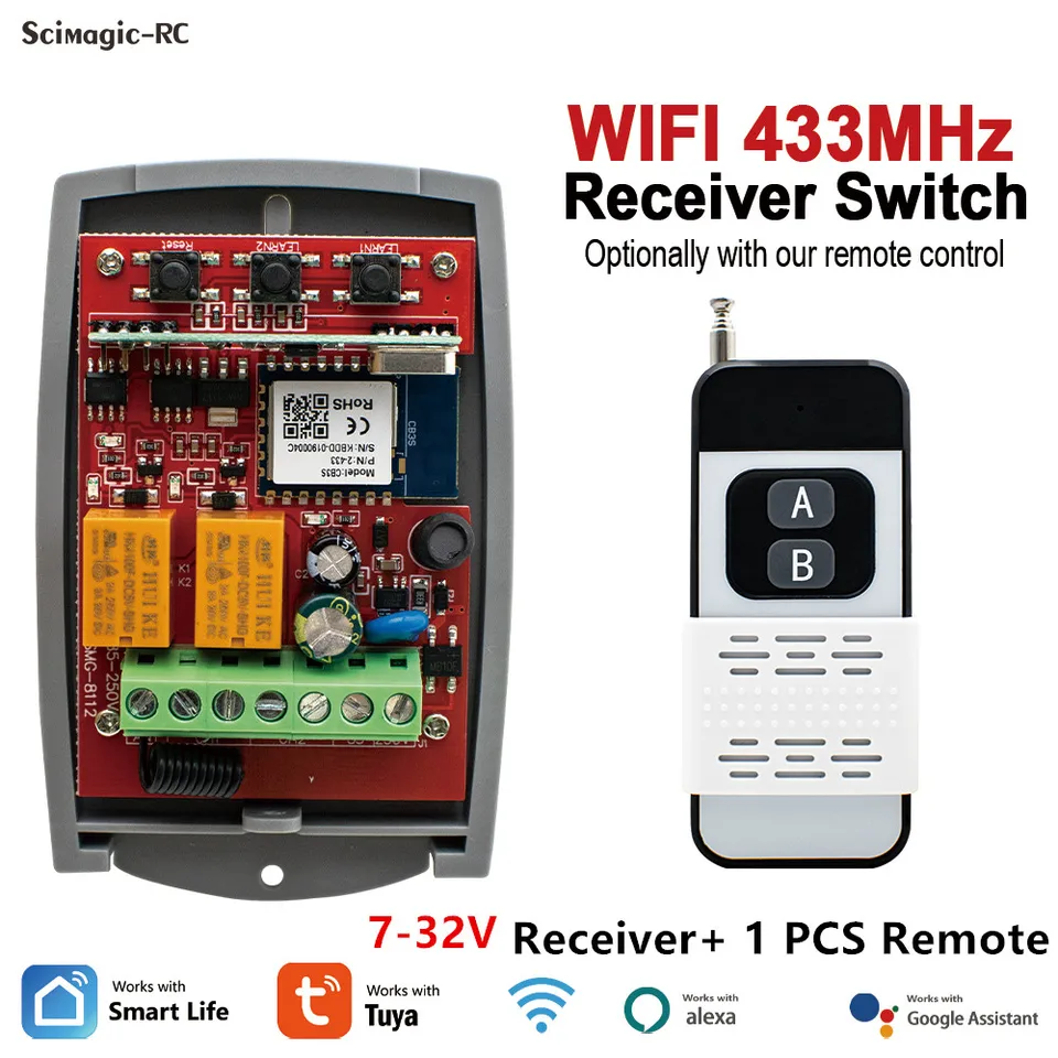 TUYA SMART WIFI Garážové dvere otvárač 2ch 12v 24v 220V bezdrôtového prepínača diaľkového ovládača + brána 433 MHz Tansmitter