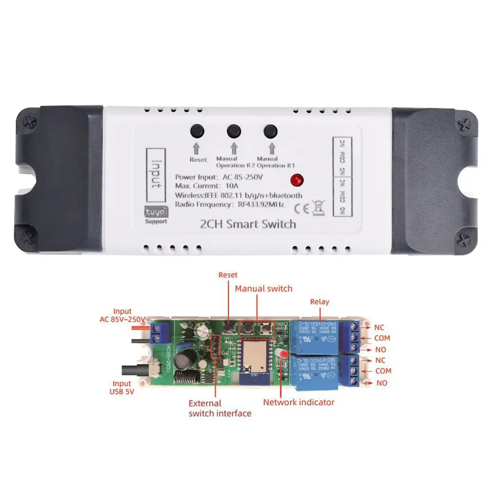 TUYA SMART WIFI prepínač MODUL MICRO USB 5V AC85-250V RF433MHZ Rádio SMART DISTATER DRIBILE CONTREFICKÝ MODUL WIFI