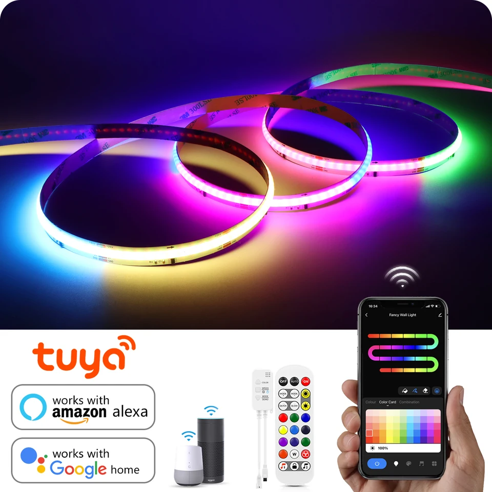 TUYA SMART WIFI RGBIC COB LED SLEDKÁ SLEDNÁ TAPA DRESKA DODADAŤ WS2811 IC flexibilné RGB neónové LED svetlo 12V APPCONTROL pre Alexa Google