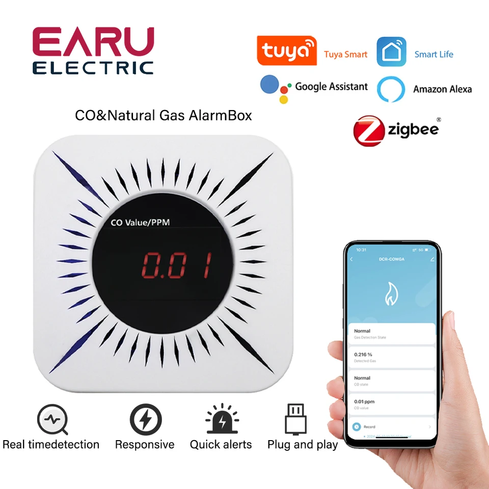 TUYA SMART ZIGBEE Air Box Quality CO CO OLOXID DETECTOROTTER AUTOMATION Alarm funguje pomocou aplikácie SMART LIFE APP Alexa Google HOME