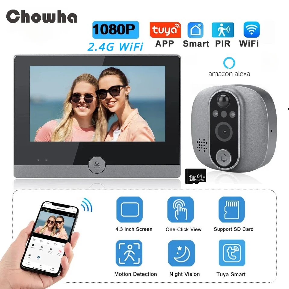 TUYA Video Dverne Bell 1080p WiFi Peephole Camera Dvere Bell Pir Cat Eye 4,3 palca Domáci digitálny divák s Alexou s Alexou