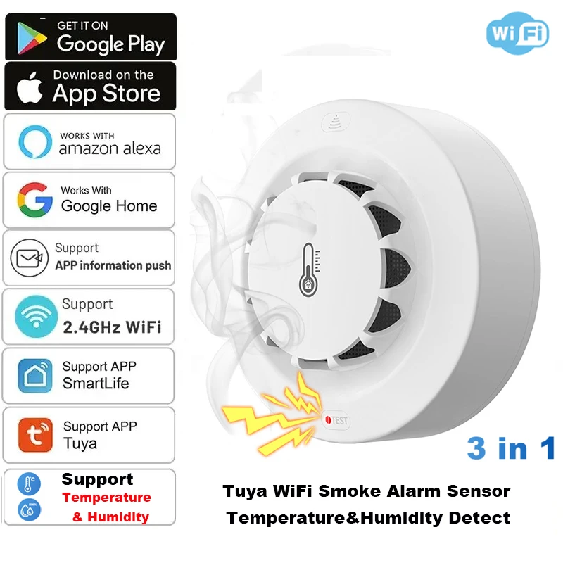 Tuya wifi dymový alarm teplota a vlhkosť senzor detektora dymu Fire Ochrana Alarm kombinácia hasičov