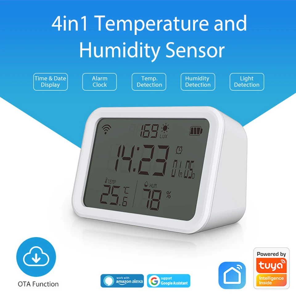 TUYA WIFI ILLUMINÁCIA HODINY HODNOTNÁ BATÉRA Poháňaná 4 v 1 SMART teplota vlhkosti snímača 2,4 GHz LCD DIGITÁLNE DIGITÁLNE DISPLACT SMART LIFE APP