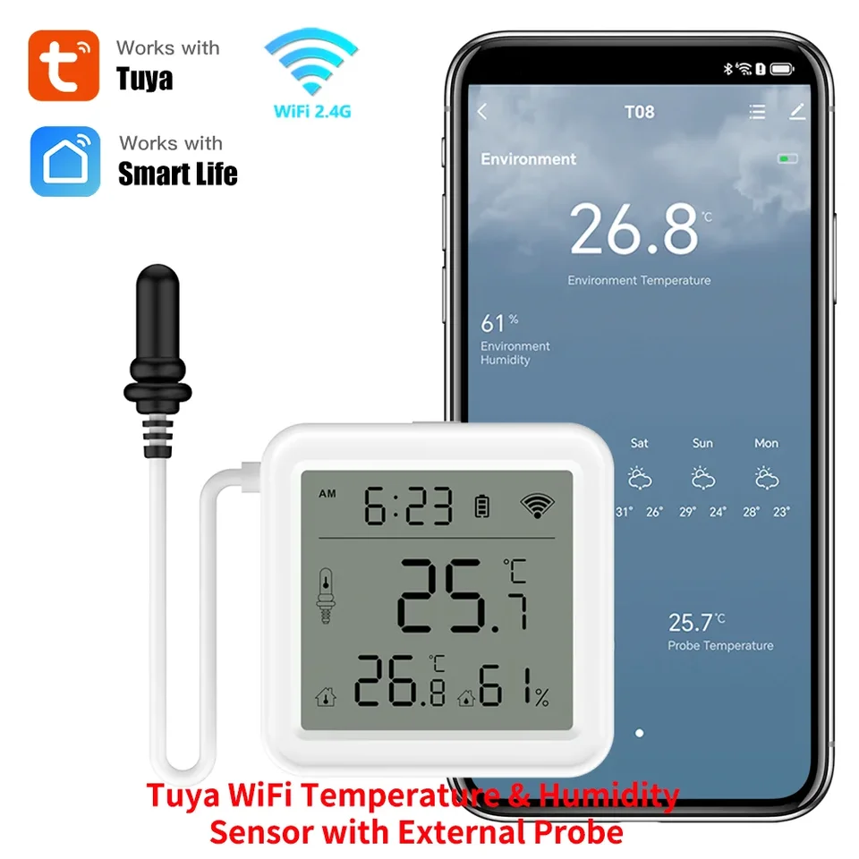 Tuya WiFi Senzor teploty vlhkosti s externou sondou pre monitorovanie aplikácií pre inteligentné domáce Hygrometry pre rastliny Vinárstvo akvária