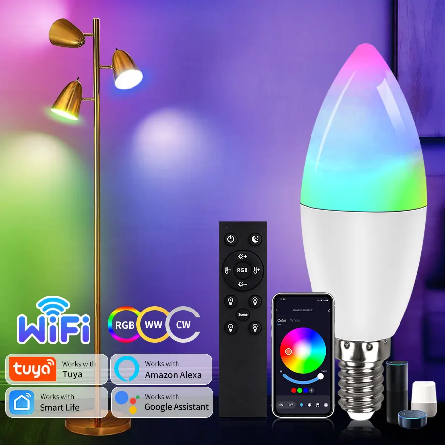 TUYA WIFI SMART BURB BURB E14 Sviečková lampa 220V 5W 7W 9W S RF 2.4G Remote SMART LIFE App