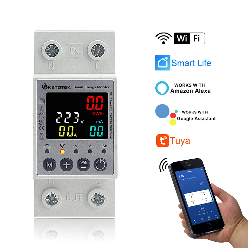 TUYA WIFI SMART GUER GURET OGN V NASTAVENIE PREJEMNÉHO OBSAHU PRAVIDLA PRAVIDLA OCHRANA 63A 220V ENERGIA KWH Meter Wattmeter