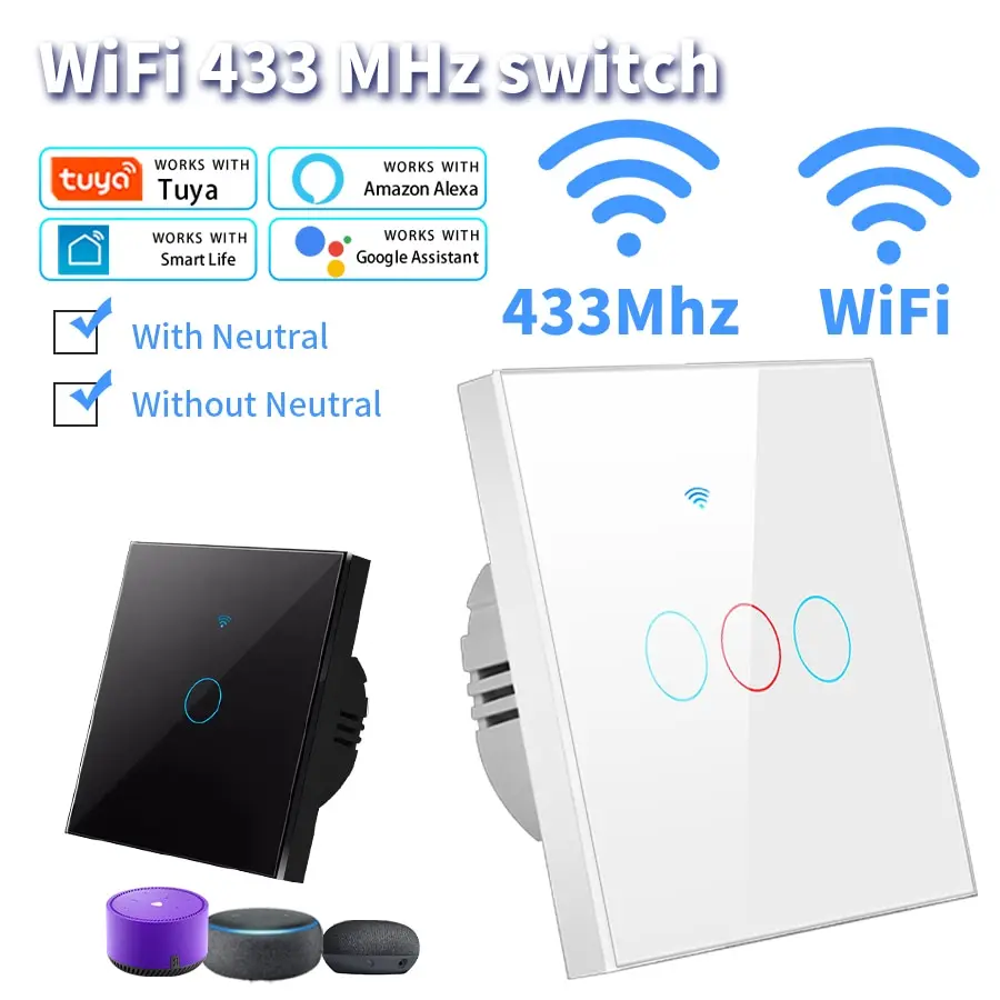 TUYA WIFI SMART prepínač pracuje s Alexa bez neutrálneho drôtu bezdrôtového drôtu RF433MHz Diaľkový dotykový dotykový snímač SNDORS SNING 1/2/3GANG