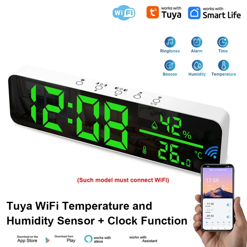 TUYA WIFI Teplota a vlhkosť Budík Multifunkcia LED digitálnych hodín pre obývaciu izbu, statok, kanceláriu