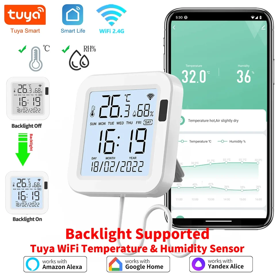 TUYA WIFI teplotná vlhkosť inteligentný snímač s podsvietením pre inteligentný inteligentný inteligentný pracovník s asistentom Alexa Google Assistant