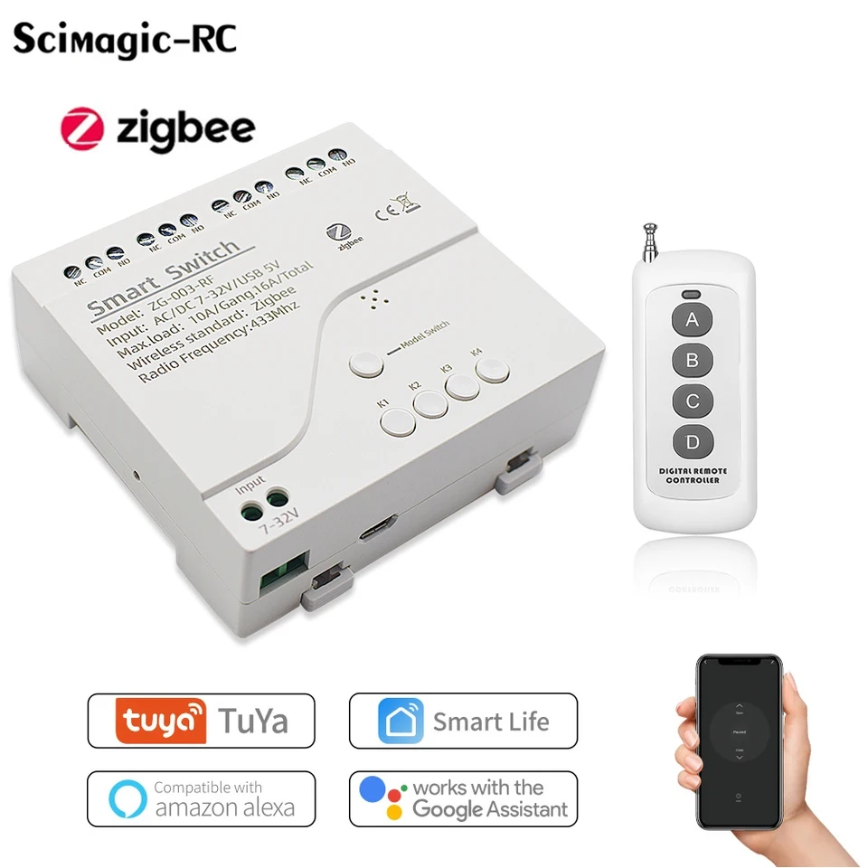 TUYA ZIGBEE RELE 4CH SMART HOME SWITGE MODUL APP DISTÁRNE OVLÁDANIE Wireless Radio RF 433 4 kanálové relé pre Zigbee Gateway Hub