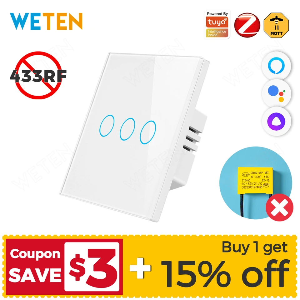 TUYA ZIGBEE SMART WALL TONT LIGHT SWITCH ŽIADNE NIE KON s kondenzátorom, podpora Alexa Google Home, domáci asistent prostredníctvom ZIGBEE2MQTT