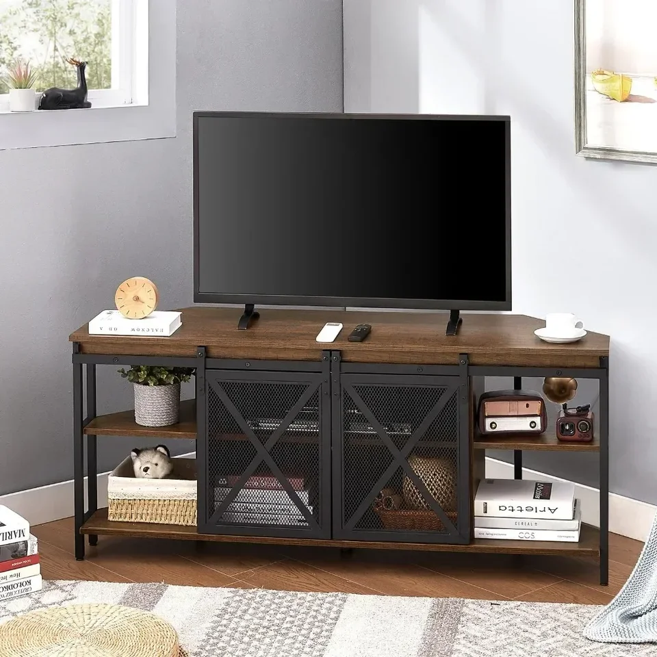 TV stolný stojan Rustikálny rohový televízny stojan Priemyselný televízny stojan s úložným rohom zábava centrum s posuvnými dverami stodoly