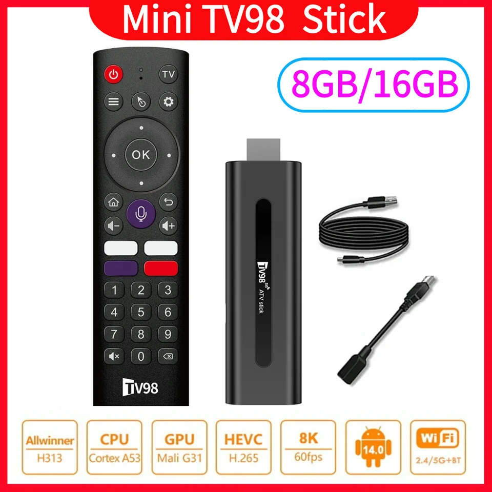 TV98 ATV H313 Android TV Stick 14.0 8K 2,4G/5G WiFi Quad Core BT5.0 Set Top Box Smart TV Stick pre prehrávač sieťových médií