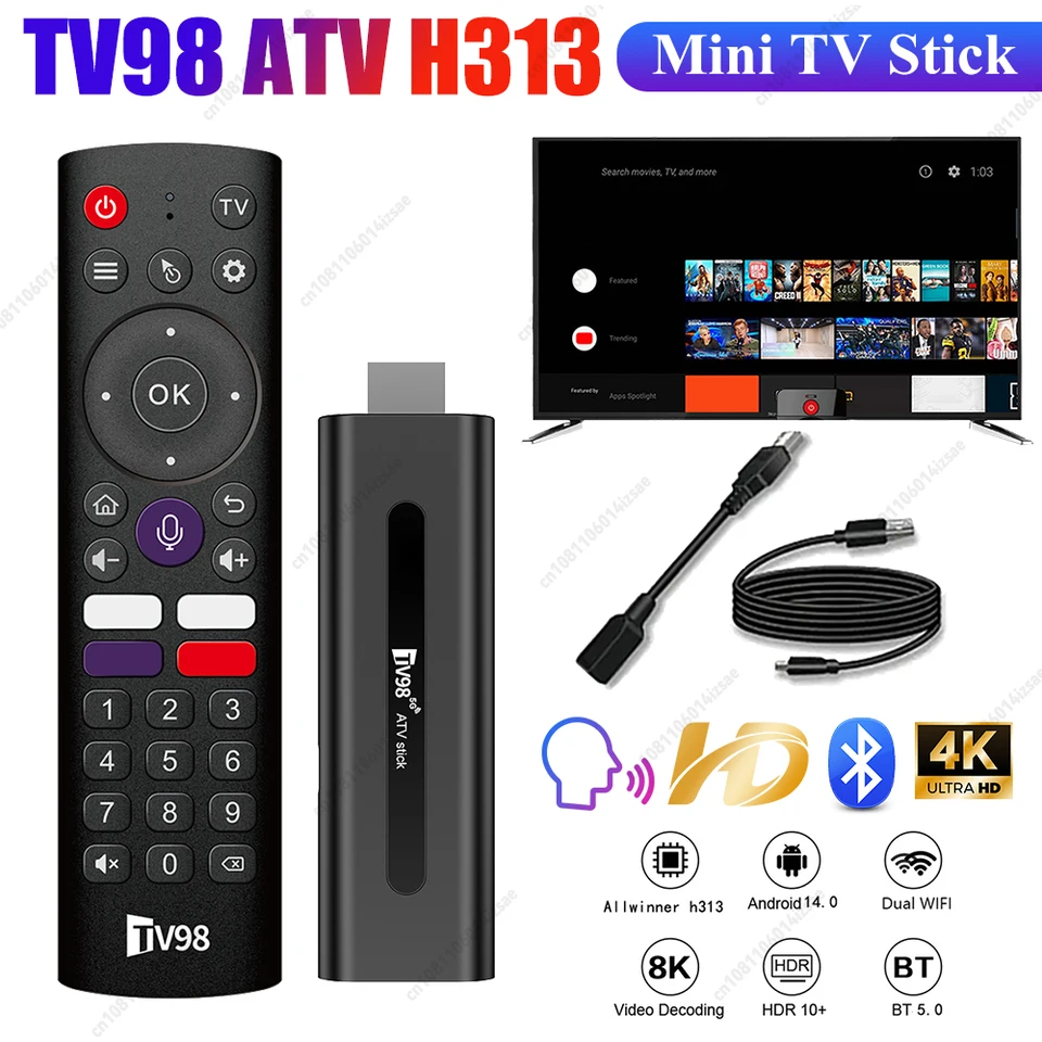 TV98 ATV H313 Mini TV Stick 8K 2,4G 5G WiFi Quad Core Bluetooth5.0 Android TV Stick 14.0 Smart TV Stick pre prehrávač sieťových médií