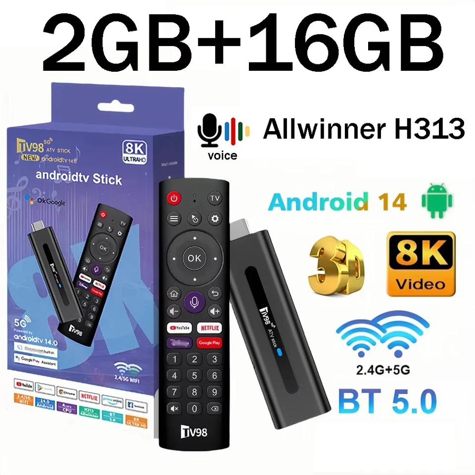 TV98 ATV SMART TV Stick Android 14 ATV Allwinner H313 Podpora 4G 5G WiFi HD 4K 8K TV box BT5.0 2 GB 16 GB Voice Remote TV Box