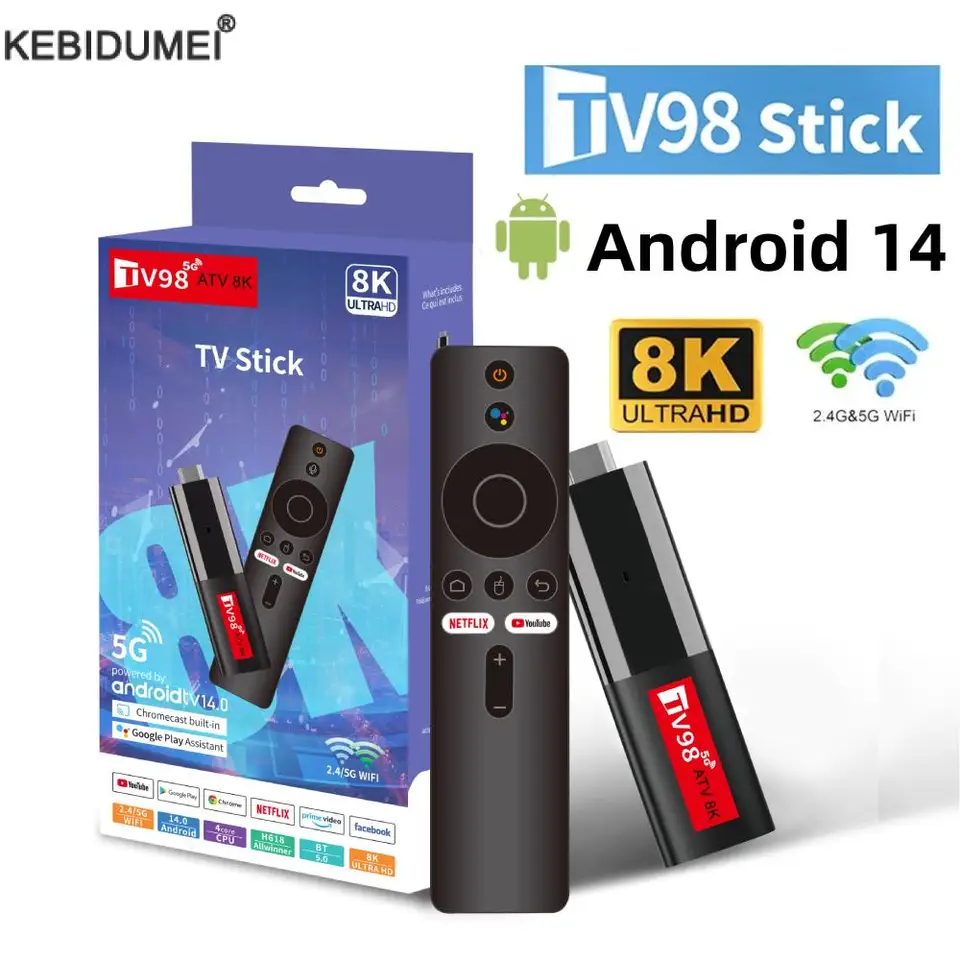 TV98 ATV SMART TV Stick Android 14 H618 2,4G 5G WiFi Support OTA 8K Player Media Player TV prijímač BT5.0 2 GB 16 GB Voice Remote TV Box