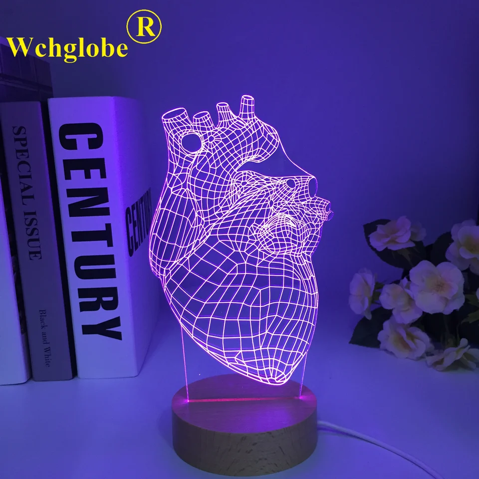 Tvar srdca drevená okrúhla základňa 3D lampa batéria napájaná 7 farbami prítomných pre deti Atmosféra LED nočná ľahká lampa Dropship