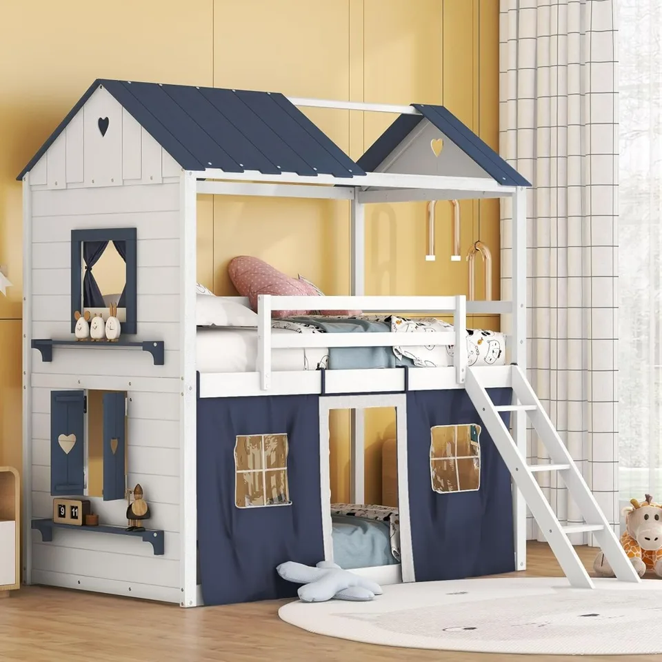 Twin Loft Bunk Bed s stanom, detská podkrovná posteľ s rebríkmi, zábradlia, okná a strecha, drevené dvojča cez dvojčatá posteľnú posteľ