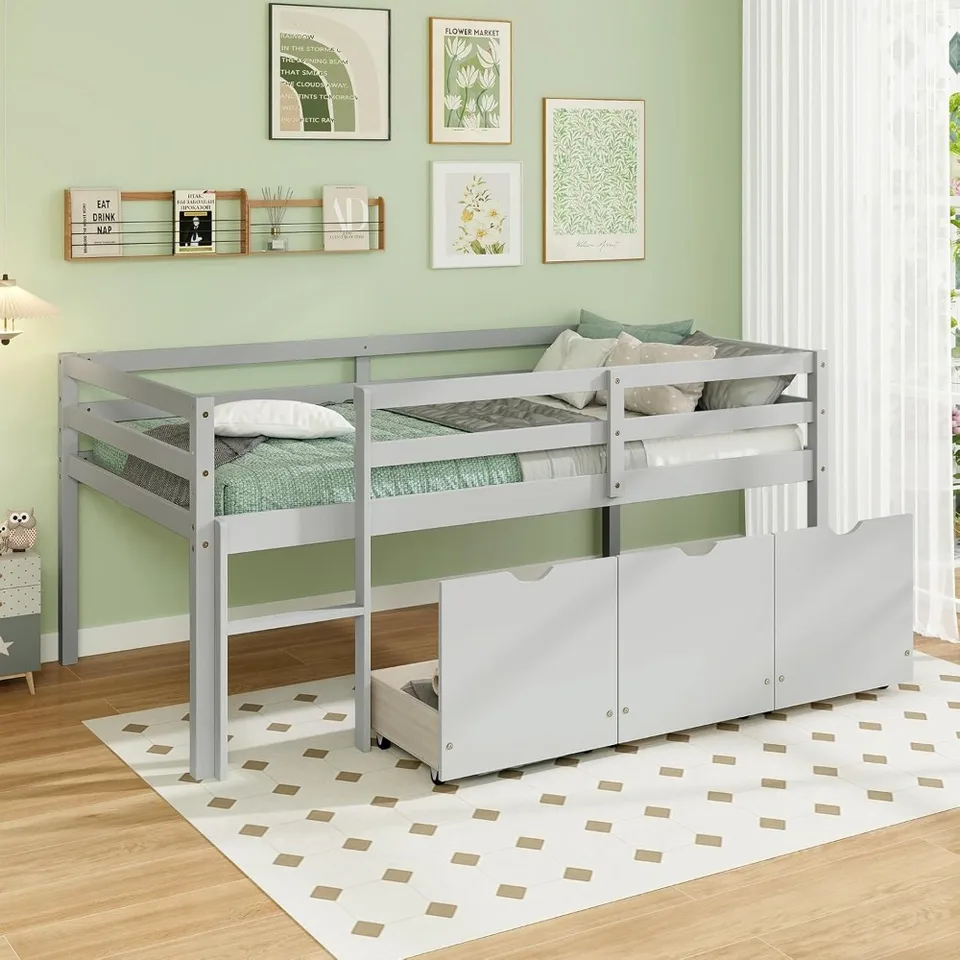 Twin Low Loft Bed s 3 zásuvkami, drevený podkrovný rám s rebríkom a celovečerná zábradlie, podkrovná posteľ s veľkosťou postele s úložiskom