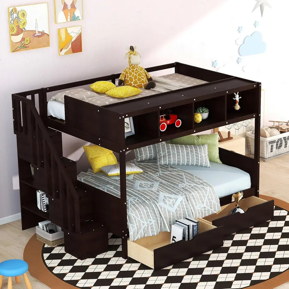 Twin Over Full Bunk Bed so schodmi, úložné police, rám s posteľou masívneho dreva s 2 zásuvkami, pre dospelých pre deti (espresso)