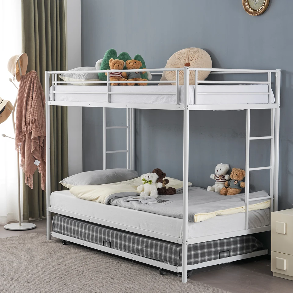 Twin Over Twin Bunk Bed s trojčlenným trojicami, trojité poschodové postele pre deti dospievajúcich dospelých, kovová poschodová posteľ s dvoma bočnými rebríkmi a zábradlí