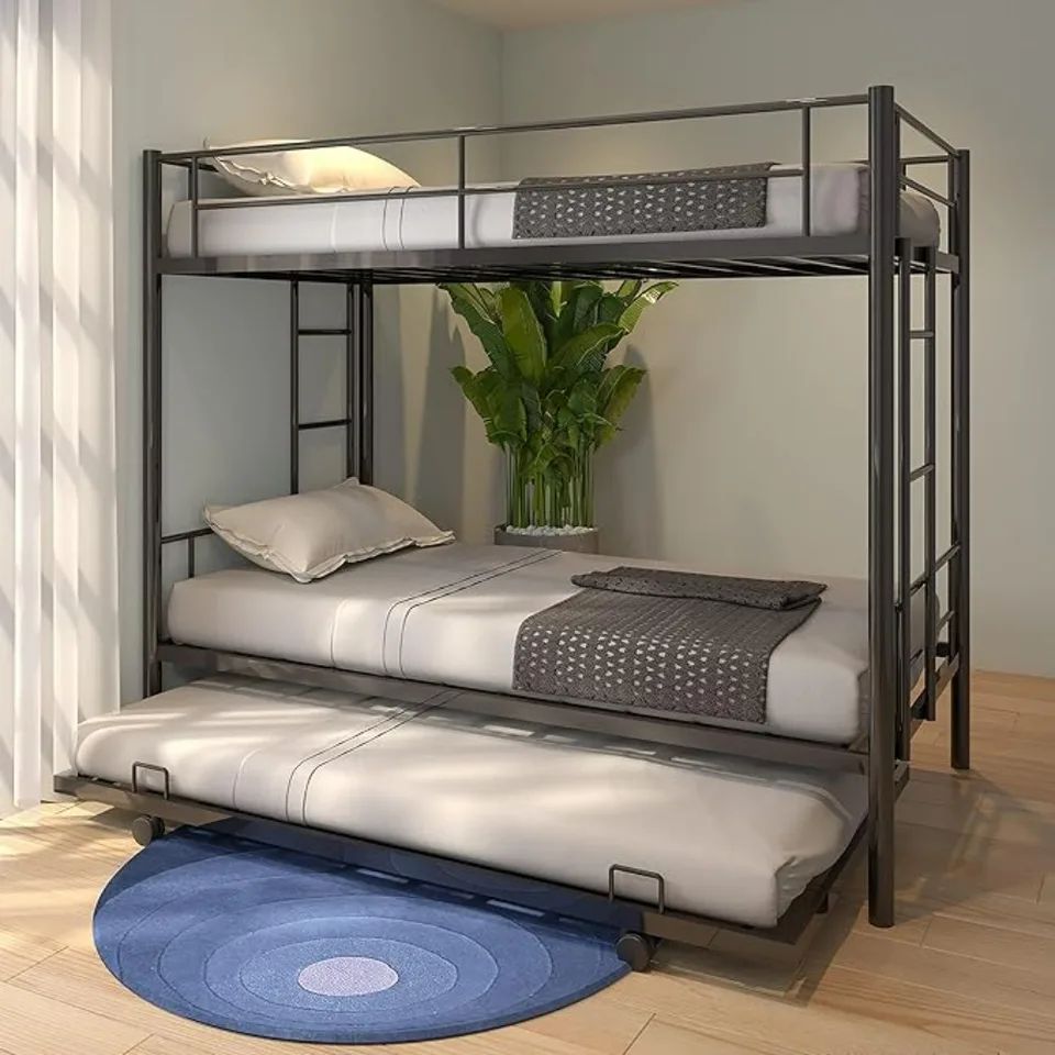 Twin Over Twin Metal Bunk Bed Trundle Rám s 2 bočnými rebríkmi konvertibilný bunkbed bezpečnostný strážny koľajnice, nie je potrebná žiadna pružina