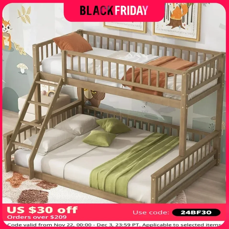 Twin XL Over Queen Wood Bunk Bed s rebríkom, odnímateľná podlahová poschodová posteľ rám s zábradliami ， Nie je potrebná žiadna pružina