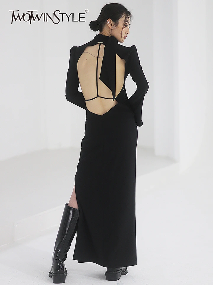 Twotwinstyle Backless Sexy Midi Dress for Women Scarf Collar dlhý rukáv vystrihnite rozdelené stehná midi šaty ženské oblečenie móda