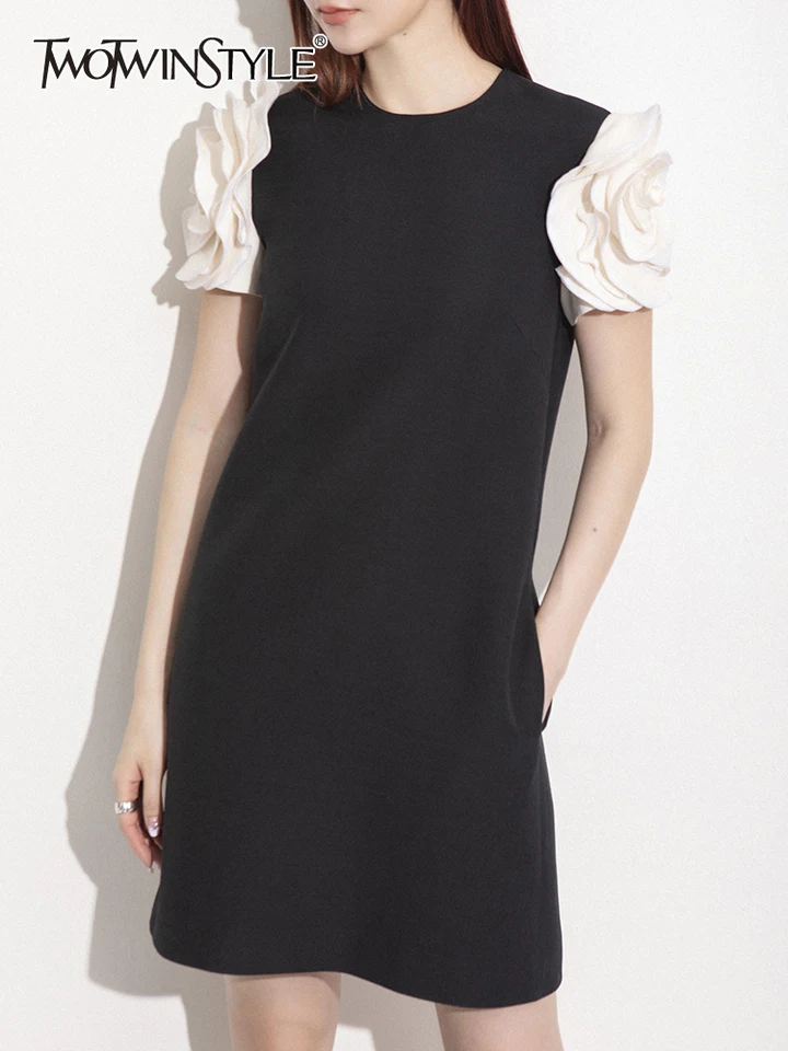 Twotwinstyle ColorBlock Slimming Elegantné šaty pre ženy okrúhly krk Krátke rukávy Stvorené Aplikácie Vysoký pás Šaty ženské nové