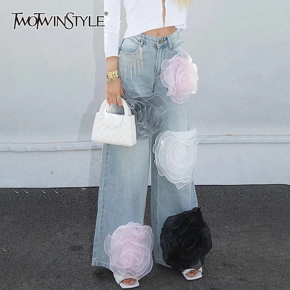 Twotwinstyle Patchwork Appless Designer Denim nohavice pre ženy vysoké pásové zostrihové vrecká neformálne džínsy široké nohy ženské módy