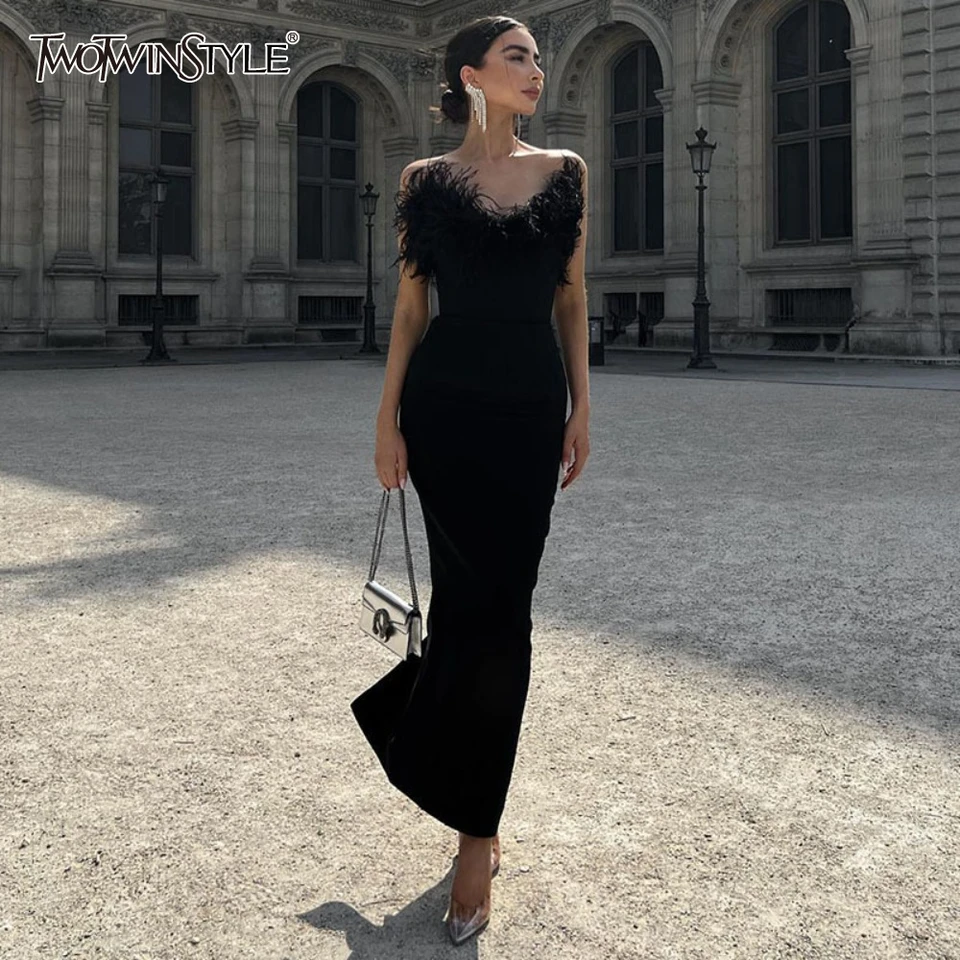Twotwinstyle pevné štíhly spletené perie šaty pre ženy bez rukávov bez rukávov s vysokým pásom šaty