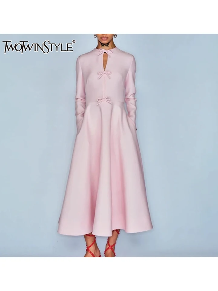 Twotwinstyle Solid Patchwork Bowknt Elegantné šaty pre ženy o krk s dlhým rukávom Otvorené zipsové dutiny elegantné šaty ženské nové