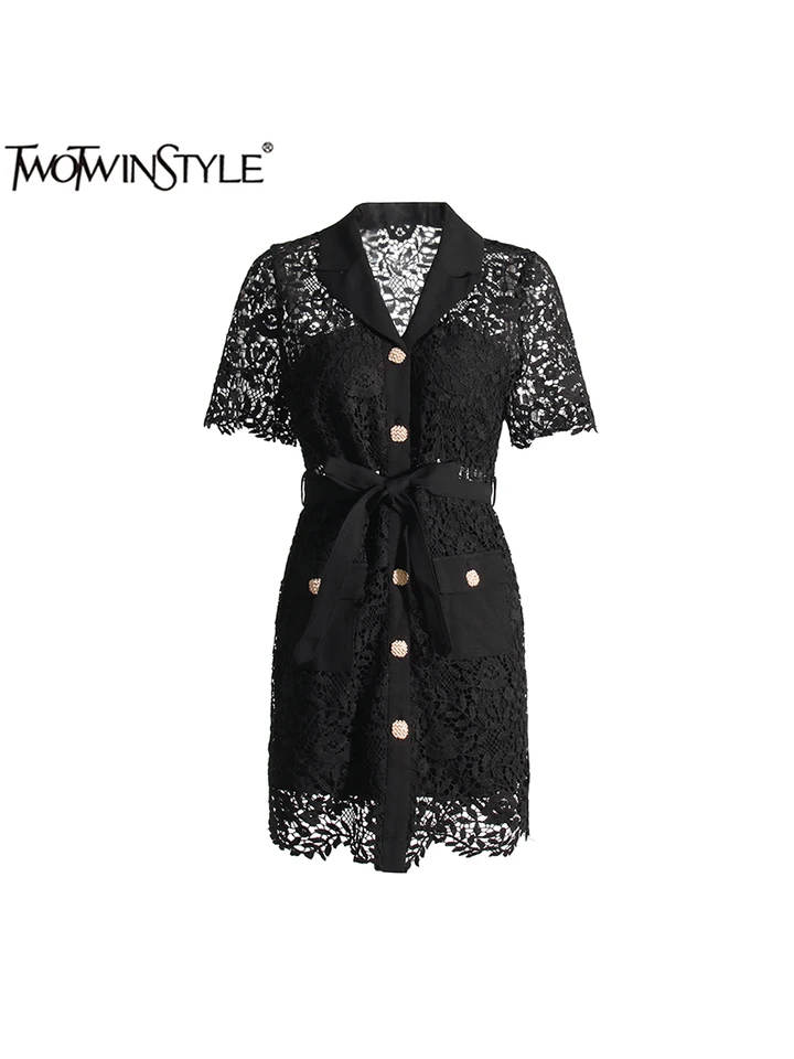 Twotwinstyle Solid Solid Blided Bnutton Slimming Šaty pre ženy s krátkym rukávom s krátkym rukávom s vysokým pásom zostrihané šnurované šaty ženská móda