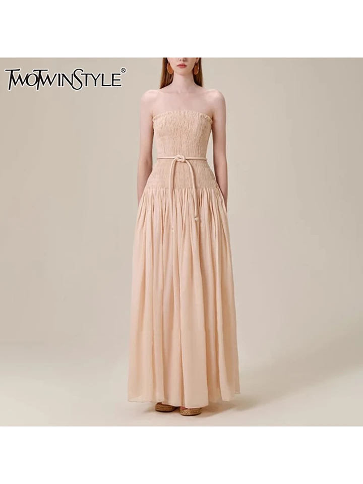 Twotwinstyle Solid Solid Cleed Lace Up Slimming Šaty pre ženy lomí na krk bez rukávov s vysokým pásom s vysokým pásom dlhé šaty