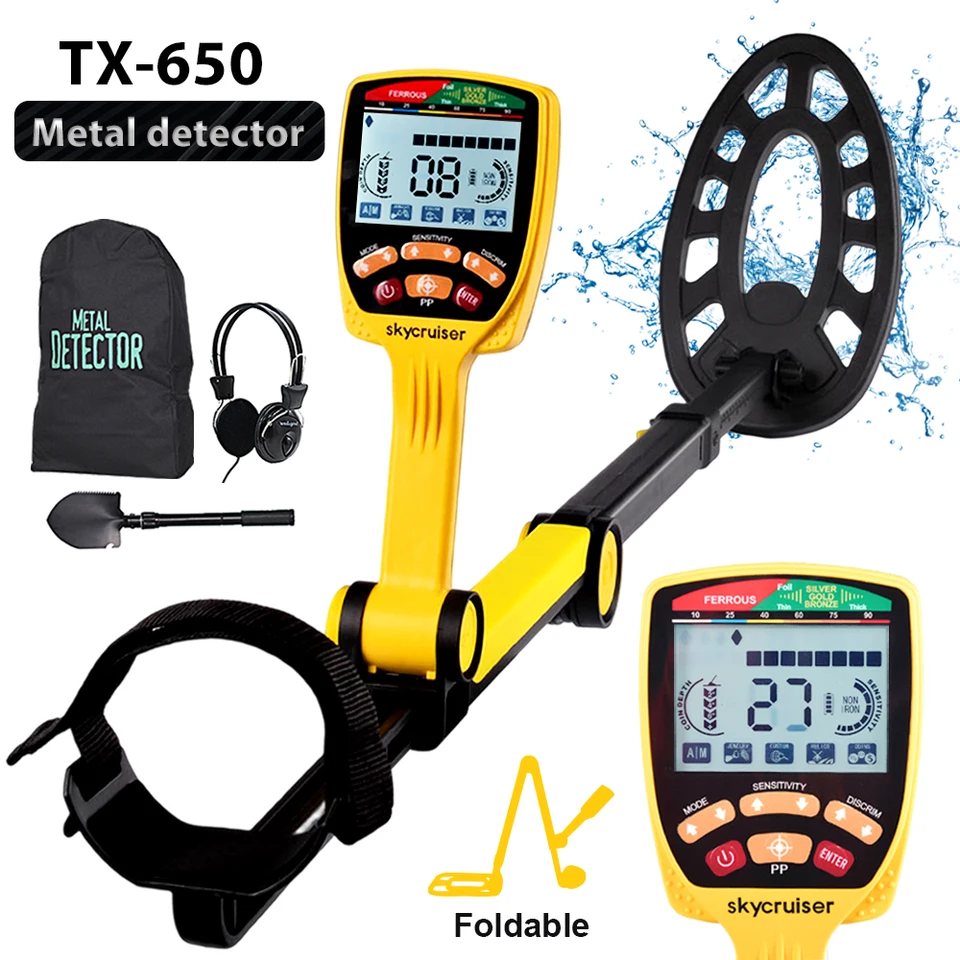 TX-650FOLDOBLIBLE DETEKTER Kov Profesionálny vodotesný detektor Zlatého striebro Podskupina LCD Displej s vysokou presnosťou detektor cievok kovový detektor