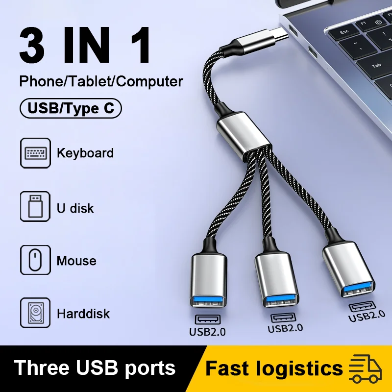 Typ C do USB Splitter Multi USB Hub Extensions 4 Port Rýchle nabíjanie vysokorýchlostných údajov prenos OTG OTG Adaptér pre počítač MacBook