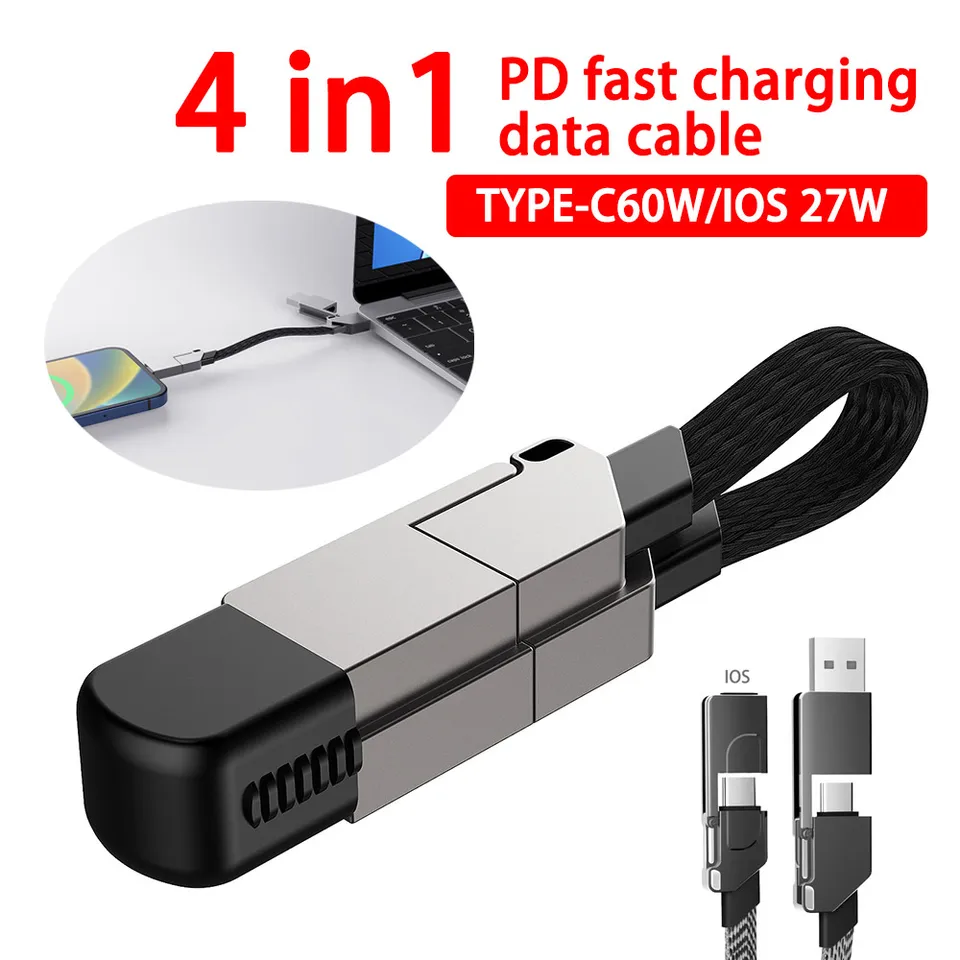 Type-C 60W/iOS 27W 4-v-1 PD Keychain v tvare rýchleho nabíjania Dátový kábel vhodný pre iOS, Android, Huawei, Xiaomi, Tablet, atď.