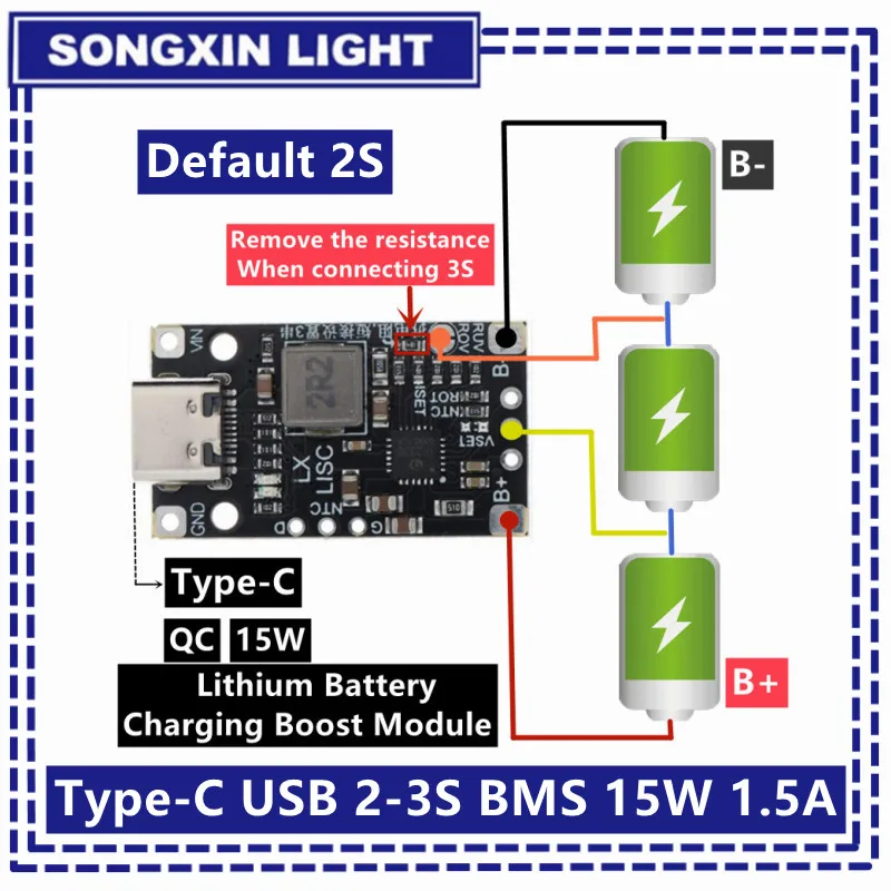 Type-C USB 2/3S BMS 15W 8,4 V 12,6 V 1.5A Littium Battery Betost Boost Modul s vyváženým podporným rýchlym nabíjaním s indikátorom