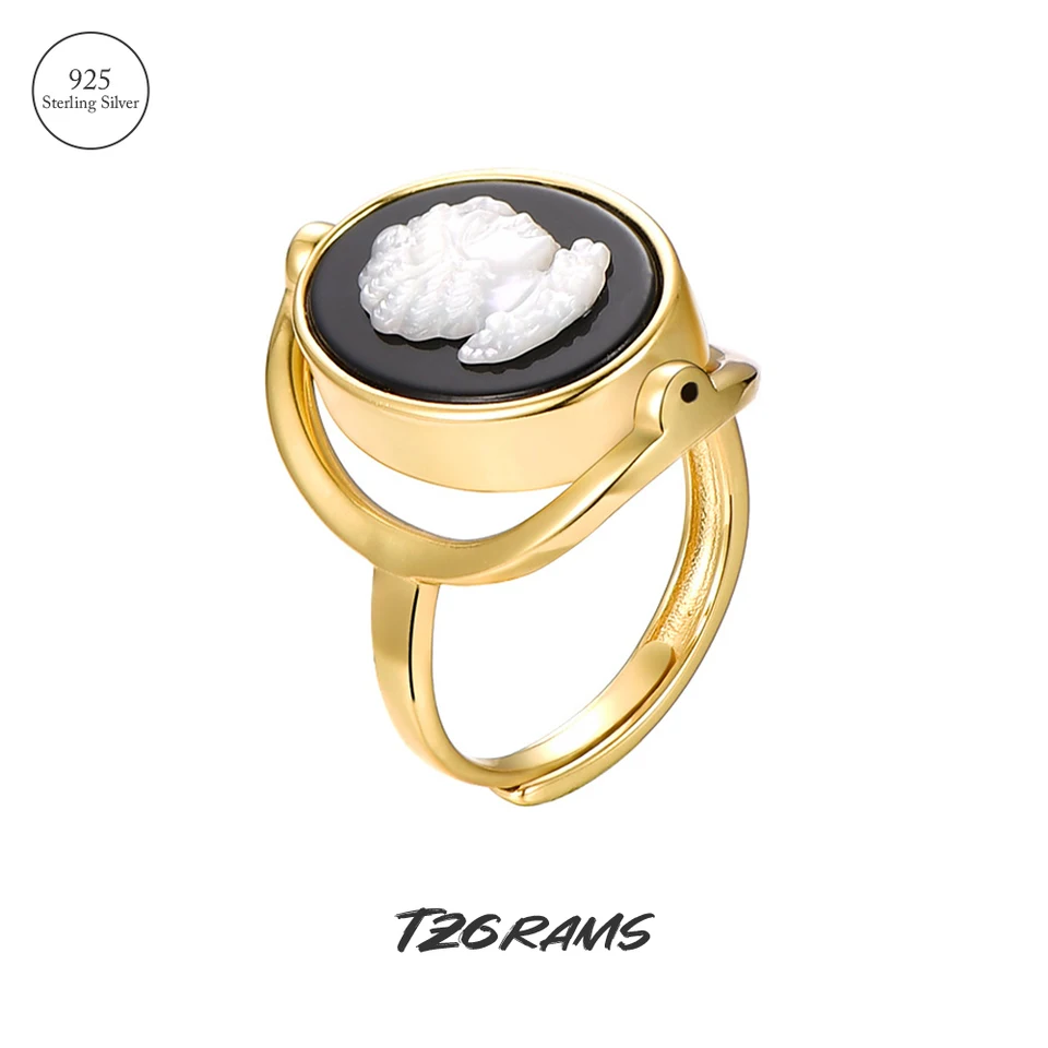 Tzgrams Real 925 Strieborné dvojité strany Roted Cameo Rings s Onyx White Shell Vintage Face Portrit Trend Trendery šperky