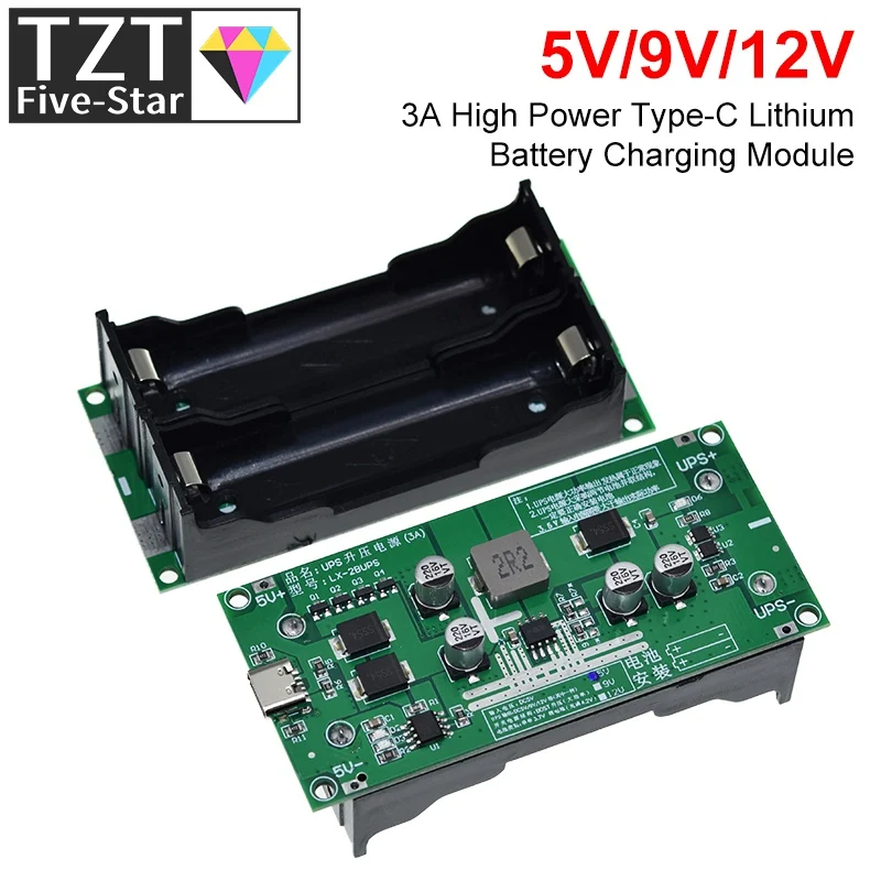 TZT Type-C 15W 3A rýchle nabíjanie UPS napájacie napájanie / 18650 Modul lítium nabíjačky DC-DC Step Up Booster Converter 5V 9V 12V