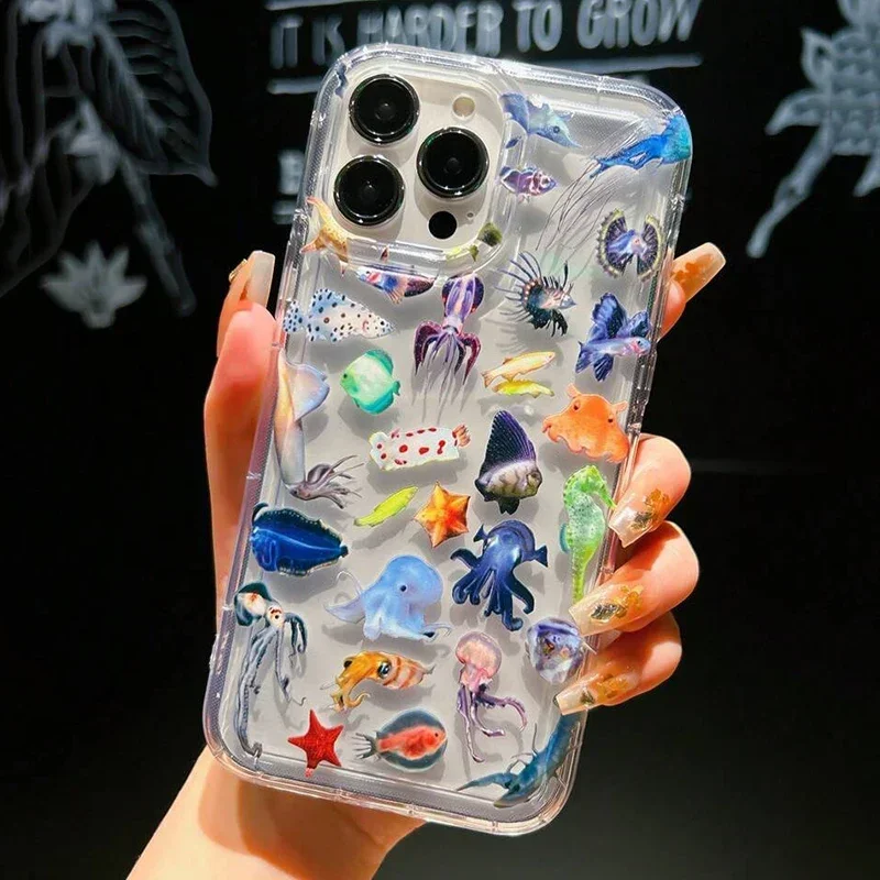 Téma Ocean Life Summer Transparent Shock odolný v oblasti nárazu pre iPhone 15 14 13 12 11 Pro Max Plus 7 8 SE2 XR X XS Soft
