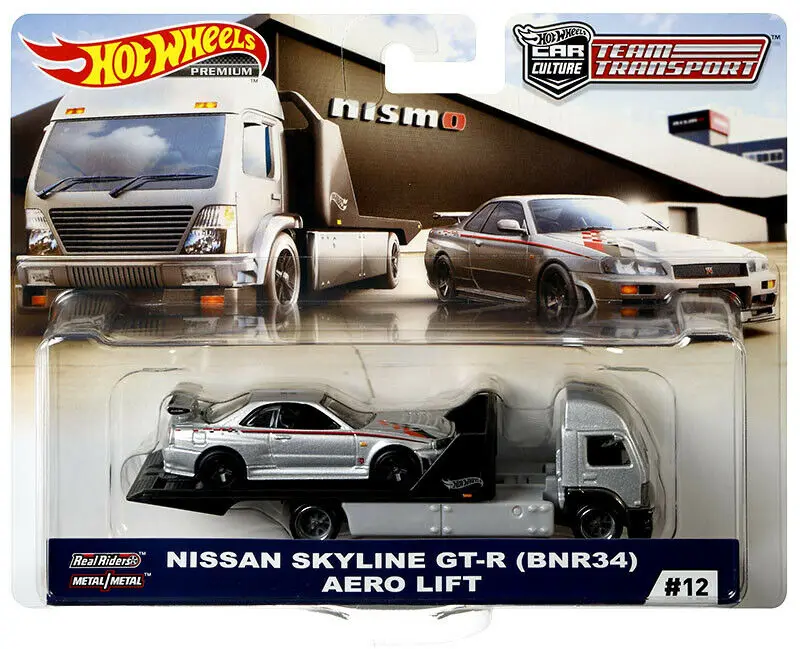 Tím Hot Wheels Team Transport Nissan Skyline GT-R BNR34 a Aero Lift Cuil Culture Cuil Metal Diecast Model CAR FLF56